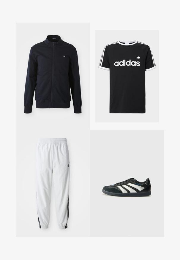 Navy zip-up jacket with a stand collar, elastic cuffs, and hem. Features a small logo patch on the left chest and side pockets.; Black cotton t-shirt featuring white Adidas logo, three white stripes on shoulders, and white trim on neckline and sleeves.; White athletic pants with black side stripes, elastic waistband, and cuffs; features Adidas logo on the left thigh. Smooth fabric texture.; adidas Performance PREDATOR FREESTYLE JUDE INDOOR FOOTBALL SHOES - Indoor football boots - core black/silver-coloured/glory blue