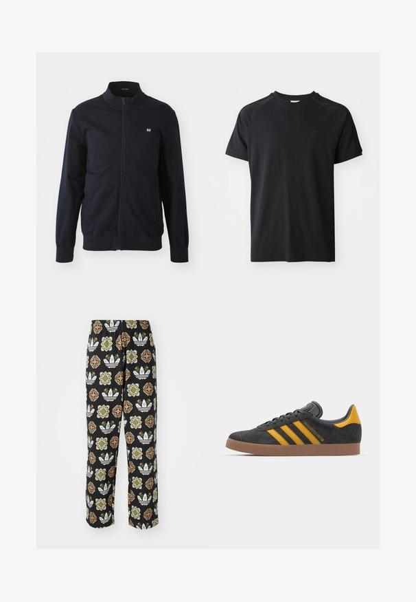 Marineblå lynlåsjakke med ståkrave, elastiske manchetter og kant. Har et lille logo-patch på venstre bryst og sidelommer.; Sort bomulds T-shirt med rund hals, korte ærmer og raglan-design. Har et struktureret logo på venstre bryst. Glat finish.; Sorte bukser med et indviklet mønster af forskellige former, herunder blomsterdesigns og striber i orange, grøn og hvid.; Sort suedet sneaker med gule accenter, der har tre striber og en brun gummisål. Inkluderer en polstret tunge for komfort.