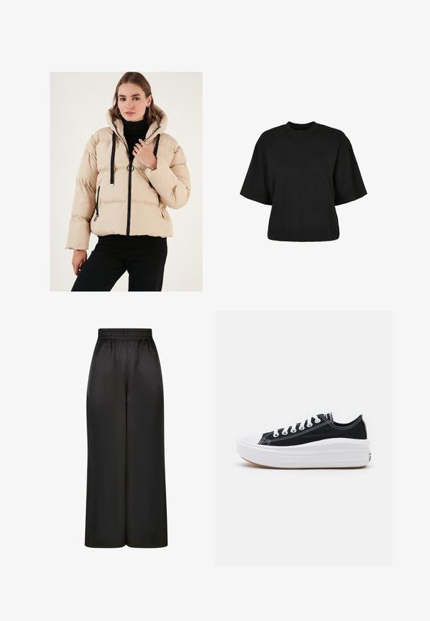 Beige Pufferjacke mit Kapuze, mit Reißverschluss vorne, schwarzen Akzenten und gerippten Bündchen. Die gesteppten Texturen verleihen Volumen und Wärme.; Schwarzes, kurz geschnittenes T-Shirt aus Baumwolle. Hat kurze Ärmel und einen runden Halsausschnitt. Glatte Textur mit einem schlichten Design, ohne zusätzliche Muster.; Schwarze, weit geschnittene Hosen aus glattem, glänzendem Stoff mit elastischem Bund und ohne sichtbare Taschen oder Metallteile.; Schwarze Canvas-Sneaker mit weißen Schnürsenkeln, weißer Gummikappe und einer massiven weißen Zwischensohle. Besondere Merkmale sind dezente weiße Nähte und eine Gummisohle.