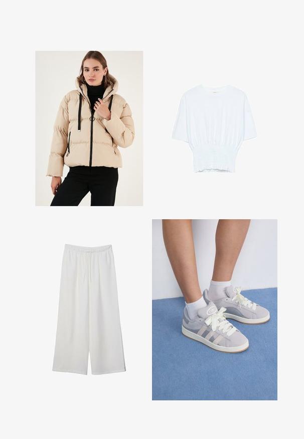 Beige pufferjakke med hætte, featuring en lynlås foran, sorte accenter og ribbede manchetter. Det quiltede mønster tilføjer volumen og varme.; Hvid kortærmet T-shirt med afslappet pasform og smocked tekstur ved taljen. Lavet af blødt, letvægtsstof.; Hvide vidde bukser lavet af letvægtsstof, med en elastisk talje og snøre for justerbar pasform. Glat tekstur.; Grå ruskinds sneakers med hvide snørebånd og gummisål, udstyret med tre diagonale striber på siden og et logo-patch på tungen.