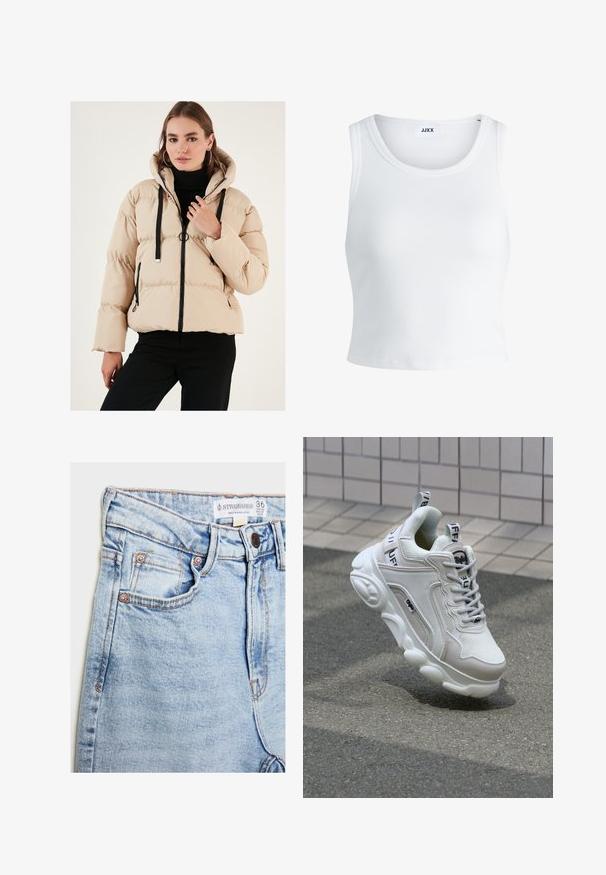 Beige péřová bunda s kapucí, se zipovým uzávěrem, černými akcenty a žebrovanými manžetami. Prošívaná textura dodává objem a teplo.; Bílý žebrovaný top na ramínka se kulatým výstřihem, bez rukávů a zkrácenou délkou. Název značky je "JJXX." Hladká struktura látky.; Světle modré džíny z denimu s vysokým pasem, pěti kapsami, hardwarem v měděném tónu a jemným vyblednutím, s etiketou na pásku.; Bílé tenisky vyrobené z textilního a koženého materiálu, s kulatou špičkou, silnou podrážkou, výraznými šňůrkami a logem na patě a jazyku.