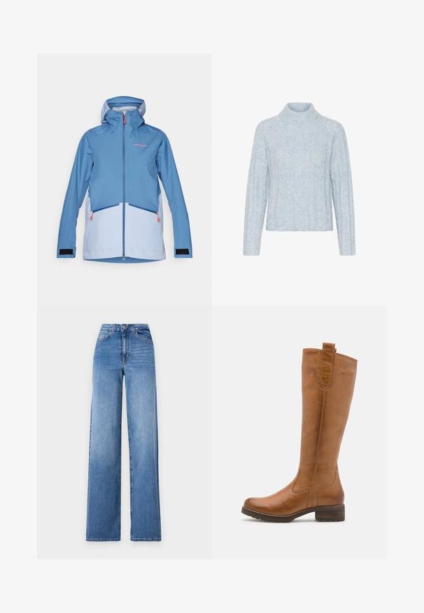 Chaqueta impermeable de color azul claro con capucha, que presenta acentos en color naranja en la cremallera, puños de velcro y dos bolsillos con cremallera en la parte frontal.; Suéter de punto azul claro con un escote alto, que presenta patrones de trenzado texturizado y mangas largas, confeccionado en un material suave y esponjoso.; Jeans de mezclilla de pernera ancha en azul claro, con talle alto, bolsillos frontales y cierre de botón estándar. Textura suave.; Anna Field LEATHER  - Botas - cognac