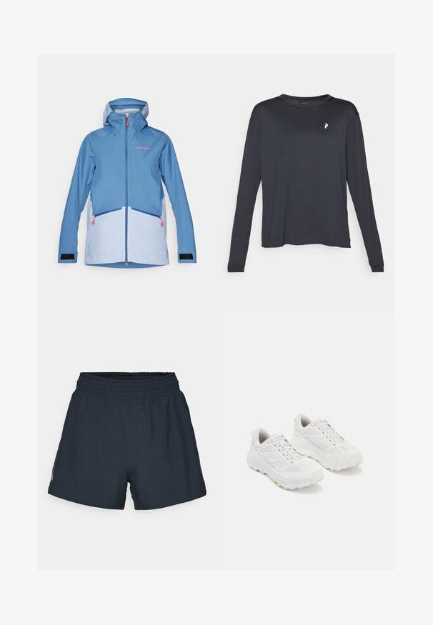Jachetă impermeabilă de culoare bleu deschis, cu glugă, având accente portocalii la fermoar, manșete cu velcro și două buzunare cu fermoar în față.; Tricou negru cu mânecă lungă, realizat dintr-un material texturat, cu guler rotund și un mic logo alb pe partea stângă a pieptului.; Shorts atletici de culoare bleumarin închis, confecționați dintr-un material ușor. Talie elastică, croi lejer și fără buzunare sau modele vizibile.; Adidași albi cu un material superior din plasă, vârf întărit, talpă groasă cu amortizare și un model texturat pe talpă pentru aderență.