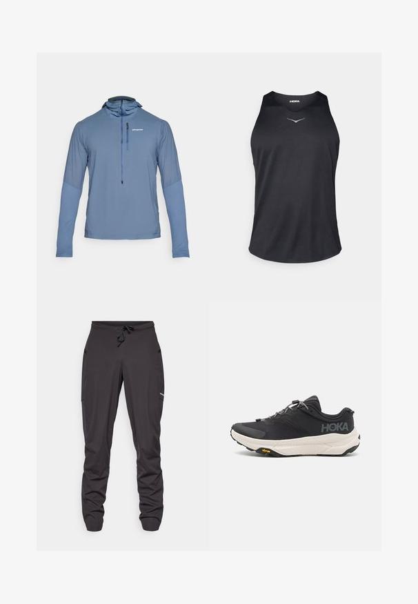 Lyseblå hette-genser med halv glidelås, lange ermer, og en blanding av glatt og teksturert stoff. Har et lite logo på brystet.; Svart ermeløs treningstopp laget av pustende stoff, med rund hals og reflekterende logo på brystet.; Sorte joggebukser med snøring, side lommer, noe rynket stoff, og en liten synlig logo på høyre lår.; Svart treningssko med teksturert overdel, grå detaljer, reflekterende elementer og en tykk hvit såle med Vibram-merke.