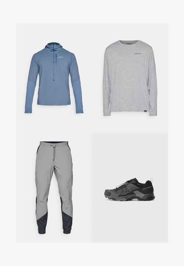 Pulôver azul claro com capuz, fecho de meio zíper, mangas longas e uma mistura de tecido suave e texturizado. Apresenta um pequeno logótipo no peito.; T-shirt de mangas longas cinza claro, feito de um tecido suave e texturizado. Apresenta um decote redondo e um pequeno logotipo azul da Patagonia no peito.; Calças de treino leves e cinzentas com detalhes pretos. Cintura elástica, fecho com cordão, design de perna afunilada e bolsos laterais.; Sapato de trail running preto com parte superior de malha durável, biqueira reforçada, sola de borracha texturizada e sistema de amarração elástico para um ajuste seguro.