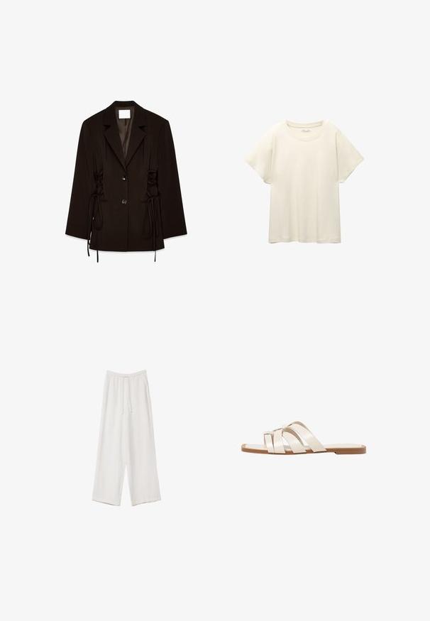 Čierny na mieru ušitý sako s klopami, dvoma prednými gombíkmi a šnurovacími bočnými detailmi s dlhými visiacimi zaviazaniami.; Svetlo béžové tričko s krátkym rukávom a okrúhlym výstrihom, vyrobené z jemnej, hladkej tkaniny. Má voľný strih a rovný lem.; Biele široké nohavice vyrobené z ľahkej tkaniny. Obsahujú elastický pás so sťahovacou šnúrkou a bočné vrecká. Hladká textúra.; Ploché sandále s hnedou gumovou podrážkou, navrhnuté s tromi prekrývajúcimi sa bielymi koženými popruhmi a malou mašličkou uprostred.