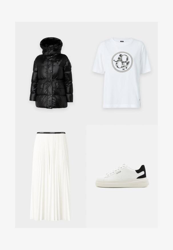 Zwarte pufferjack met een hoge kraag, glanzende textuur, knopen aan de voorkant, elastische taille en twee zakken aan de voorkant. Bevat een logo-opdruk op de mouw.; Witte katoenen t-shirt met een ronde grafische logo in een zwart en grijs dierenprint ontwerp. Korte mouwen en een relaxte fit.; Plisséminirok in het wit met een zwarte elastische tailleband met het "LACOSTE"-logo. Middellange ontwerp met een zachte textuur.; Witte leren sneakers met een dikke witte zool, zwarte suède hielaccent en een geperst logo op de zijkant. Vetersluiting met zes oogjes.