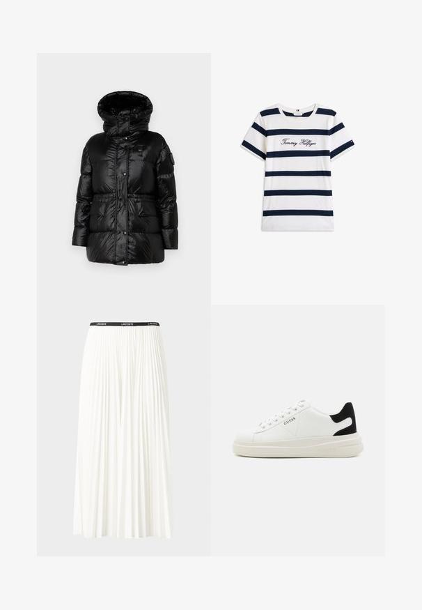 Černá péřová bunda s vysokým límcem, lesklou texturou, předními knoflíky, elastickým pasem a dvěma předními kapsami. Obsahuje nášivku s logem na rukávu.; Bavlněné tričko s horizontálními námořnickými pruhy na bílém pozadí. Na hrudi je výšivka "Tommy Hilfiger" v kurzívě. Kulatý výstřih.; Záhybová bílá sukně s černým elastickým pasem s logem "LACOSTE". Suška je střední délky a má jemnou texturu.; Bílé kožené tenisky s tlustou bílou podrážkou, černým semišovým akcentem na patě a vyraženým logem na boku. Šněrovací design se šesti očka.