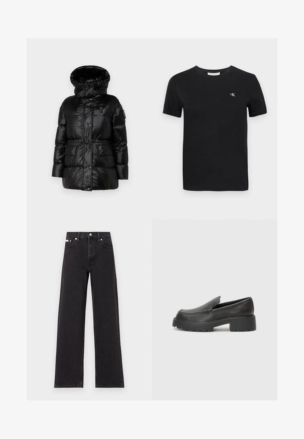 Melnā pūkā u jacket ar augstu apkakli, spīdīgu tekstūru, frontālajiem pogām, elastīgu jostu un divām priekšējām kabatām. Uz piedurknes ir logo apšuvums.; Melnas kokvilnas t-krekls ar klasisku apaļu kakla izgriezumu, īsām piedurknēm un mazu baltu izšūtu "ck" logotipu uz krūtīm.; Melni platmalu džinsi, kas izgatavoti no denima, ar augstu vidukli, piecu kabatu dizainu un metāla pogas aizdari ar kontrastējošu šuvumu.; Melnas ādas mokasīni ar noapaļotu purngalu, biezs teksturēts zoles un minimālas dūriena detaļas. Gluds dizains bez redzamām auklām vai metāla elementiem.
