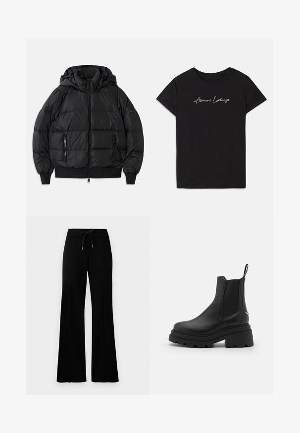 Melnā pūkā jakā ar kapuci, ar rāvējslēdzēju priekšpusē un divām sānu kabatām ar rāvējslēdzējiem. Iezīmējas ar ribotām aprocēm un apakšmalu, gludu spīdīgu tekstūru.; Melnā kokvilnas t-kreklā ir īsas Piedurknes un apaļš kakls, rotāts ar zīmolu "Armani Exchange" kursīvos burtiem baltā krāsā.; Melnas platās svārku bikses ar sašūtu jostu, sānu iegriezumiem, mīkstu audumu un glītu dizainu.; Melnas Chelsea zābaki, kas izgatavoti no gludas ādas, ar elastīgām sānu daļām, biezu, rievotu gumijas zoli un vilkšanas cilpu aizmugurē.