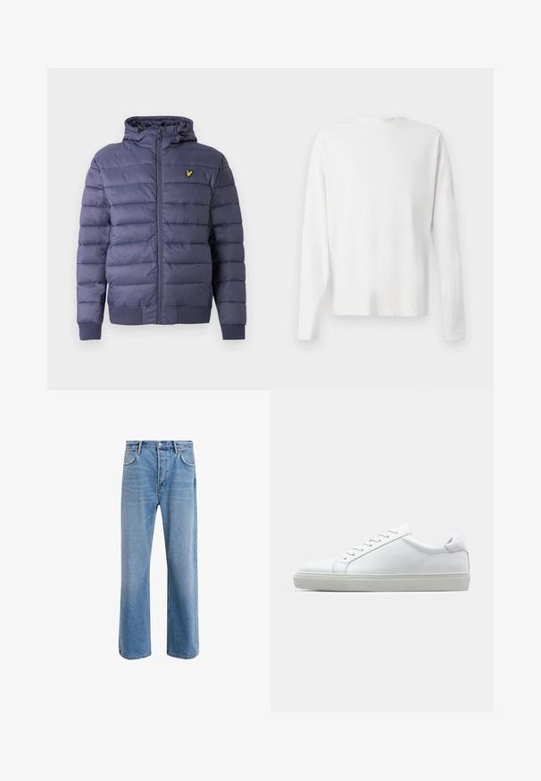 Navy puffer jacket with a zip closure, ribbed cuffs, and a hood. Features quilted design and a small yellow logo on the chest.; Long-sleeved white cotton shirt with a round neckline, side slits at the bottom, and a smooth texture, displayed from the back.; Light blue denim jeans with a straight-leg design, five pockets, button closure, minimal fading, and contrasting stitching details.; White sneaker with a smooth leather upper and a low profile. Features a rounded toe, six eyelets, and a textured rubber sole.