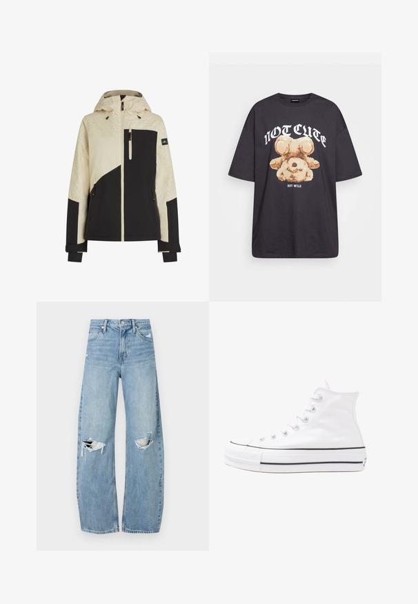 Muška jakna u bež i crnoj boji, s teksturiranim uzorkom na ramenima, džepovima sa zatvaračem i podesivim manžetama. Kapa uključena.; Crna oversized majica s grafikom medvjeda i natpisom "NIJE SLATKO, ALI DIVLJE" u podebljanim, bijelim slovima. Pamuk.; Svijetloplave, visoko-strukirane traperice. Imaju široke nogavice, dva razderana područja na koljenima i klasičan stil s pet džepova.; Bijela visoka platnena tenisica s crnom gumenom potplatom, prednjim gumenim zaštitnikom prstiju i šest rupa za vezanje, s čistim, minimalističkim dizajnom.