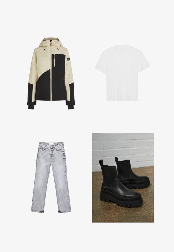 Pánská bunda v béžové a černé barvě, s texturovaným vzorem na ramenou, se zipovými kapsami a nastavitelnými manžetami. Součástí je kapuce.; Bílý bavlněný tričko s krátkým rukávem, kulatým výstřihem a rovním spodním lemem. Hladká textura, minimalistický design bez vzorů nebo akcentů.; Šedé džíny z denimu se střihy rovnými nohavicemi, s poškozenou úpravou, pěti kapsami a měděnými nýtky. Pasová část obsahuje logo štítek.; Černé kožené kotníkové boty s elastickými bočními panely, silnými černými platformovými podrážkami a švy, vybavené poutkem pro snadné obouvání.