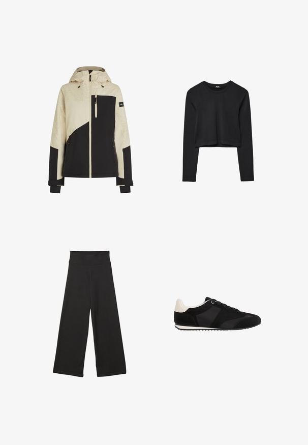 Herrenjacke in Beige und Schwarz, mit einem strukturierten Muster auf den Schultern, Reißverschlusstaschen und verstellbaren Manschetten. Kapuze inklusive.; Schwarzes, langärmliges, kurz geschnittenes Oberteil mit Rundhalsausschnitt, schlichter Gestaltung und leicht abgerundetem Saum.; Schwarze weit geschnittene Hosen mit einem hohen elastischen Bund, weichem Stoff und lockerer Passform, geeignet für legere Anlässe oder entspannte Umgebungen.; Schwarze Sportschuhe mit einem strukturierten Wildleder-Obermaterial, glatten synthetischen Akzenten und einer kontrastierenden cremefarbenen Ferse. Mit traditionellen Schnürsenkeln und einer Gummisohle ausgestattet.