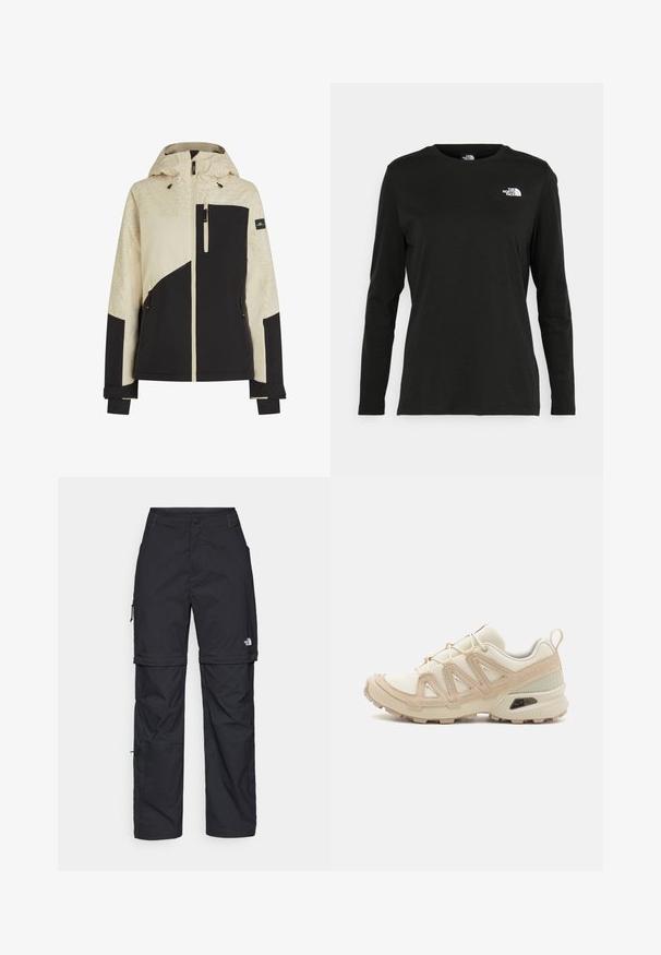 Men's jacket in beige and black, featuring a textured pattern on the shoulders, zippered pockets, and adjustable cuffs. Hood included.; Black long-sleeve t-shirt made of cotton with a round neck. Features a small white logo on the left chest area. Simple design and fit.; Black nylon zip-off cargo trousers with adjustable cuffs, multiple pockets, and a logo on the right leg. Smooth, lightweight texture.; Beige and cream athletic shoe with textured mesh upper, supportive overlays, and rubber outsole featuring a tread pattern for traction.