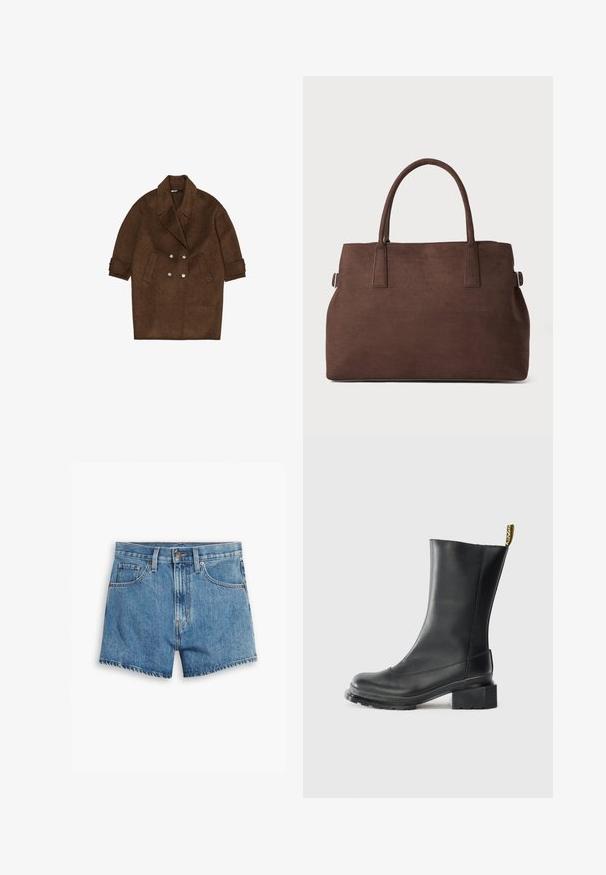 Rjav volnen mešan plašč z dvojnim zapenjanjem, velikim ovratnikom in dvema sprednjima žepoma. Kratki rokavi z zavihanimi manšetami in kovinskimi gumbi.; Bež pletena majica s kratkimi rokavi in krožnim izrezom, s teksturiranim vzorcem in rebrastim robom. Preprost, oprijet dizajn.; Jeans kratke hlače v svetlo modri barvi, z povezavami za pet žepov, zadrgo in gumbom. Rob je razfrcan, oblikovane so v sproščenem kroju.; Črne usnjene gležnjarje z blok peto, gladko teksturo, zaobljenim nosom in trakcem na peti, ki prikazuje rumeno blagovno znamko.; Rjava tote torba iz umetnega usnja z dvema trdnima ročajema, strukturirano obliko in minimalističnim dizajnom, ki vsebuje subtilne šive.