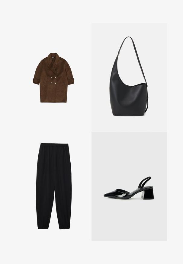 Brūns vilnas maisījuma mētelis ar dubulto pogu dizainu, lielu apkakli un divām priekšējām kabatām. Īsas piedurknes ar salocītām malām un metāla pogām.; Melna kokvilnas T-krekls ar īsām piedurknēm, kuram priekšā kreisajā pusē ir neliels rozā tauriņa grafiskais attēls. Ar apaļu kaklu un brīvā stila piegriezumu.; Melnas, vieglas bikses ar elastīgu jostu un savilktiem potītiem. Audums ir gluds un to raksturo brīva, sašaurināta forma.; Melna lakota āda ar atvērto papēdi, ar smailu purngalu un ģeometrisku blokpapēdi. Iezīmējas elegants, minimāls dizains un gluda tekstūra.; Melnas ādas hobo soma ar gludu tekstūru, izliekta forma un vienu regulējamu jostu; augšā ir plaša atvere.