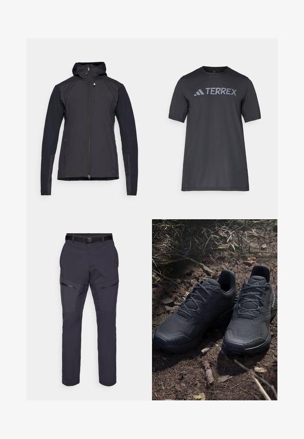 Černá lehká bunda s kapucí, zipem vpředu a texturovanými rukávy. Tkanina má hladký povrch a kontrastní materiály na rukávech.; Černé tričko s krátkým rukávem vyrobené z lehkého materiálu, s světle šedým logem "TERREX" přes hruď a kulatým výstřihem.; Tmavě námořnické outdoorové kalhoty se slim fit, mají zipové kapsy, vyztužené kolenní části a nastavitelné pásky. Lehký materiál.; Černé atletické boty s texturovaným pleteným svrškem, zpevněnou špičkou a měkkou podešví, vystavené na zemi s přírodními odstíny a roztroušenými větvičkami.
