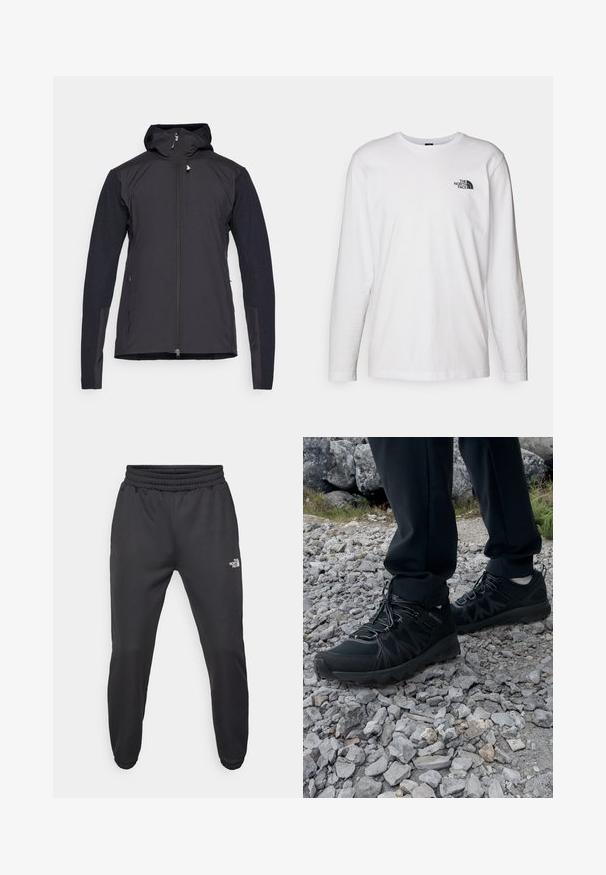 Musta kevyt takki hupparilla, vetoketjulla edessä ja teksturoituilla hihoilla. Kankaan pinta on sileä ja käsivarsien materiaalit ovat kontrastiväriset.; Valkoinen pitkähihaisen T-paita, joka on valmistettu puuvillasta ja jossa on pyöreä kaula-aukko. Rintamuksessa on pieni musta logo. Sileä kangas, normaali malli.; Mustat collegehousut, joissa on nauhakuomu vyötäröllä, kapeneva fit, elastiset hihansuut ja pieni valkoinen logo vasemmassa reidessä, valmistettu sileästä kankaasta.; Mustat ulkokengät, joissa on verkko- ja synteettinen materiaali, teksturoitu päällinen, varma nauhoitusjärjestelmä ja kestävä pohja kivikkoisella maastolla.