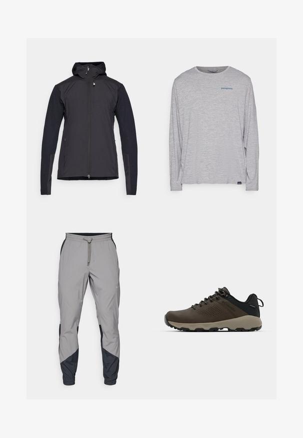 Crna lagana jakna s kapuljačom, prednjim zipom i teksturiranim rukavima. Tkanina ima glatku površinu i kontrastne materijale na rukavima.; Svijetlosivi dugi rukav majica od mekanog, teksturiranog materijala. Ima okrugli izrez i mali plavi Patagonia logo na prsima.; Lagane, sive atletske hlače s crnim akcentima. Elastični pojas, zatvaranje na vezicu, dizajn suženih nogavica i bočne džepove.; Smeđe vodootporne tenisice s teksturiranom gornjom i perforiranim detaljima, crnom potporom za petu i sivim gumiranim potplatom. Čipke su stilizirane s metalnim krajevima.