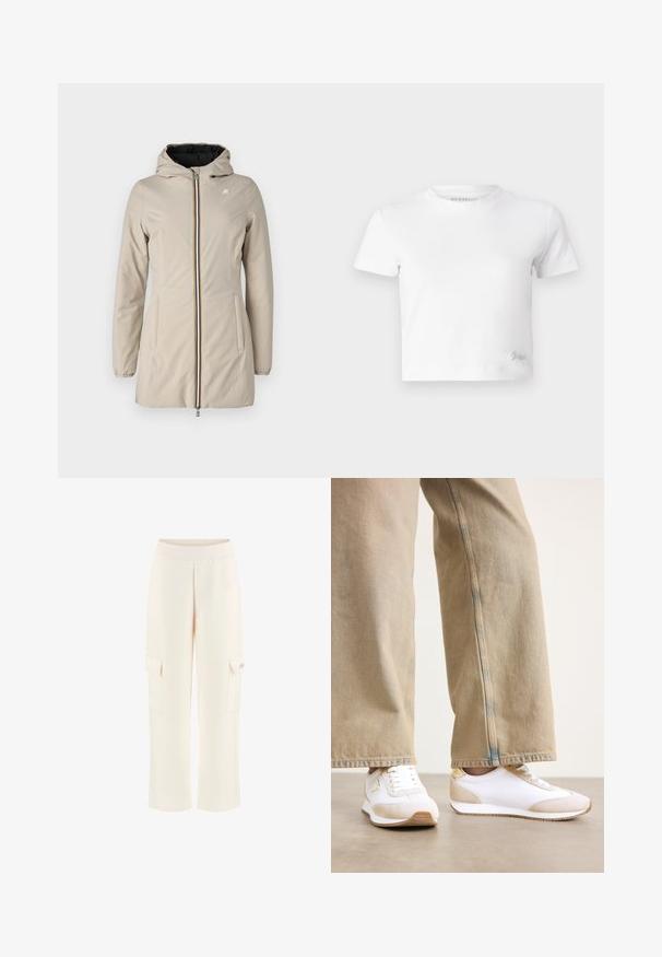 K-Way DENISE WARM DOUBLE - Parka - beige/black; Witte cropped t-shirt van zacht katoen, met een hoge hals en korte mouwen. Klein geborduurd logo in de onderhoek.; Lichtbeige cargobroeken met een elastische tailleband, twee zijzakken en een relaxed fit. Glad stof met een matte textuur en een eenvoudig ontwerp.; Witte sneakers met een beige suède accent, een platte vetersluiting en een rubberen zool, gecombineerd met lichtbeige rechtoe jeans.