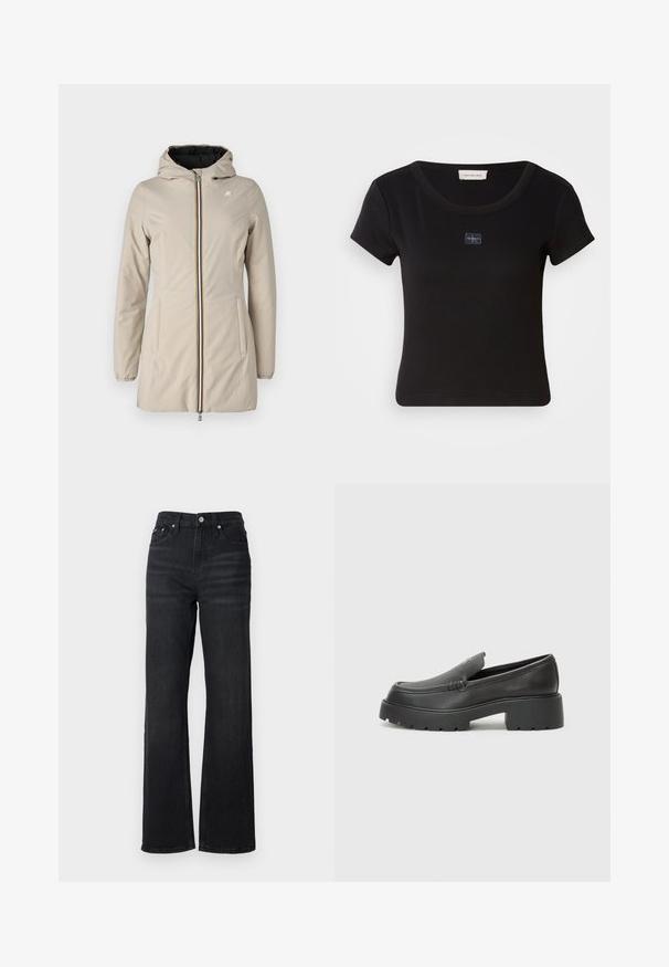 K-Way DENISE WARM DOUBLE - Parka - beige/black; Čierne tričko s krátkym rukávom a ryhovanou textúrou, na hrudi so malou nášivkou a okrúhlym výstrihom.; Čierne riflové široké nohavice s vysokým pásom, dizajnom s piatimi vreckami a strieborným kovovým gombíkom. Látka má hladkú textúru a jemný elastický pocit.; Čierne kožené mokasíny s okrúhlou špičkou, hrubou textúrovanou podrážkou a minimom stehovej výzdoby. Štíhly dizajn bez viditeľných šnúr alebo kovania.