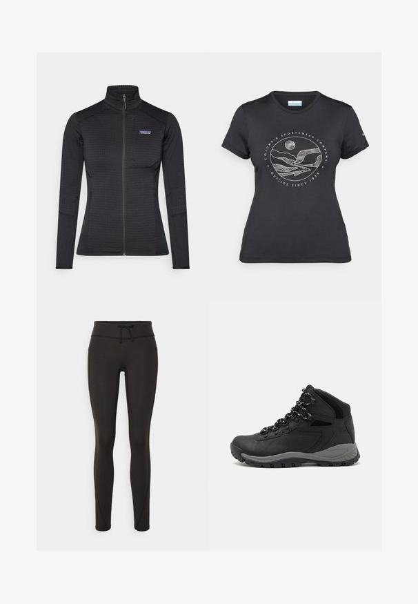 Chaqueta negra con cremallera hecha de tejido texturizado, con cuello alto, mangas largas y un discreto logo en el pecho.; Camiseta negra de Columbia con un arte lineal circular de montaña y río en blanco y el texto "Columbia Sportswear Company Fuera desde 1938."; Leggings negros con cintura alta, cordón, textura suave y diseño ajustado. Presenta detalles de costura a lo largo de los laterales.; Bota de senderismo negra con un diseño de medio caña, que cuenta con una parte superior texturizada, acentos grises y una suela de goma duradera con tacos de tracción.