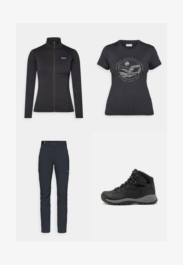 Zwarte ritssluitingjas van textuurstof, met een opstaande kraag, lange mouwen en een subtiel logo op de borst.; Zwarte Columbia t-shirt met witte cirkelvormige lijntekening van bergen en een rivier en de tekst "Columbia Sportswear Company Outside Since 1938."; Heren buitenbroeken, donkergrijs, gemaakt van flexibel materiaal, met een riem, ritszakken en verstevigde stiksels.; Zwarte wandelschoen met een mid-top ontwerp, voorzien van een gestructureerde bovenkant, grijze accenten en een duurzame rubberen zool met gripnoppen.