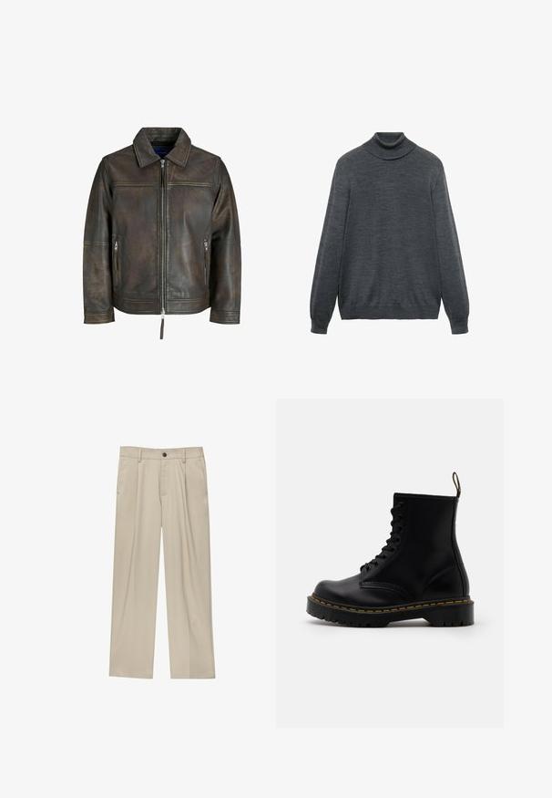 Brązowa skórzana kurtka z zamkiem na przodzie, płaskim kołnierzem i dwiema zamkniętymi kieszeniami. Wyróżnia się lekko postarzaną teksturą i dopasowanym krojem.; Sweter w kolorze węgla z długim rękawem, wykonany z miękkiego materiału, z dopasowanym kołnierzem i prostym wykończeniem. Gładka tekstura na całej powierzchni.; Beżowe spodnie o prostym kroju, z pojedynczym czarnym guzikiem, szlufkami na pasek oraz bocznymi kieszeniami. Gładka faktura materiału i minimalistyczny design.; Czarne skórzane botki sięgające do kostki z sznurowanym przodem, żółtym przeszyciem, zaokrąglonym czubkiem i grubą, teksturowaną gumową podeszwą.
