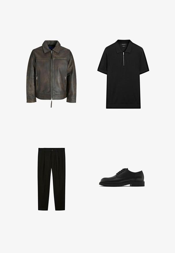 Bruine leren jas met een ritssluiting aan de voorkant, platte kraag en twee ritszakken. Kenmerkt zich door een licht verweerde textuur en een getailleerde pasvorm.; Zwarte polo met korte mouwen, een staande kraag en een rits aan de voorkant. Gemaakt van een gladde stof met een schoon, minimalistisch ontwerp.; Zwarte op maat gemaakte broeken van soepel materiaal. Kenmerken zijn een platte voorkant, brede pijpen en een knoopsluiting bij de taille.; Zwarte leren nette schoen met een textuur, ronde neus, vijf oogjes voor veters en een stevige zwarte zool. Eenvoudig, recht design.