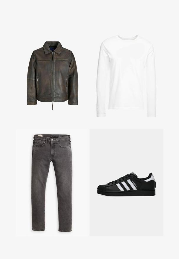 Bruine leren jas met een ritssluiting aan de voorkant, platte kraag en twee ritszakken. Kenmerkt zich door een licht verweerde textuur en een getailleerde pasvorm.; Langsleeve witte t-shirt gemaakt van zachte katoen. Ronde halslijn met rechte zoom en geen zichtbare patronen of graphics.; Grijze denim jeans met een rechte snit, een vijf-pocket ontwerp en een knoopsluiting. Voorzien van subtiele vervaging en tonale stiksels overal.; Zwarte Adidas Superstar sneaker met witte strepen, schelpneus en 'Superstar' tekst aan de zijkant, afgebeeld in zijaanzicht op een witte achtergrond.