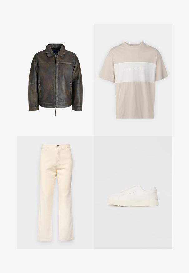 Barna bőrdzseki cipzárral elöl, sima gallérral és két cipzáras zsebbel. Enyhén kopottas textúrával és testre szabott szabással rendelkezik.; Beige pamut póló, amelyen egy fehér vízszintes panel található, rajta embossed betűtípussal a "JACK & JONES ESSENTIALS WORLDWIDE" felirattal. Rövid ujjú.; Krém színű pamut farmernadrág, egyenes lábbal, elöl gombos záródással és klasszikus öt zsebes stílussal.; Fehér slip-on sportcipők texturált felülettel, vastag talppal és minimalista dizájnnal. Az oldalon a márka logója található.