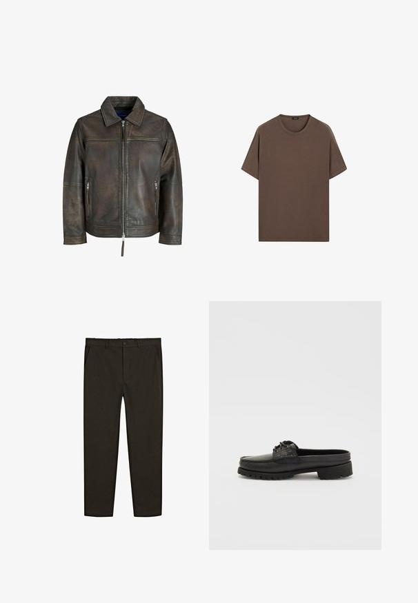 Brun læderjakke med lynlås foran, flad krave og to lynlås-lommer. Har en let slidte tekstur og skræddersyet pasform.; Brun bomulds t-shirt med rund hals og korte ærmer. Simple design med en jævn tekstur og en afslappet pasform. Ingen mønstre eller accenter.; Mørkebrune, vævede stofbukser med lige ben, forlommer og knaplukning i taljen. Glat tekstur.; Sorte læderslipsko med snøre-detalje, rund tå og tekstureret sål. Har en let hævet hæl og glat overflade.