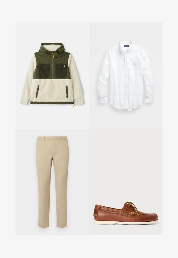 Kurtka anorak z kapturem, w oliwkowo-zielonym nylonowym górnym elemencie, dolnej części z kremowego, puszystego polaru, podwójnymi kieszeniami na piersi oraz żółtym uchwytem suwaka.; Biała, bawełniana koszula z długim rękawem zapinana na guziki. Posiada klasyczny kołnierzyk, mankiety zapinane na guziki oraz małe, granatowe, haftowane logo na klatce piersiowej.; Beżowe spodnie bawełniane o prostym kroju, z paskami do pasa, gładkim przodem i wykończonymi nogawkami. Gładka tekstura i minimalne detale.; Brązowe skórzane buty żeglarskie z sznurowaniem, złotymi oczkami i kremową gumową podeszwą. Zaprojektowane z wypukłym wzorem szwów na czubku.