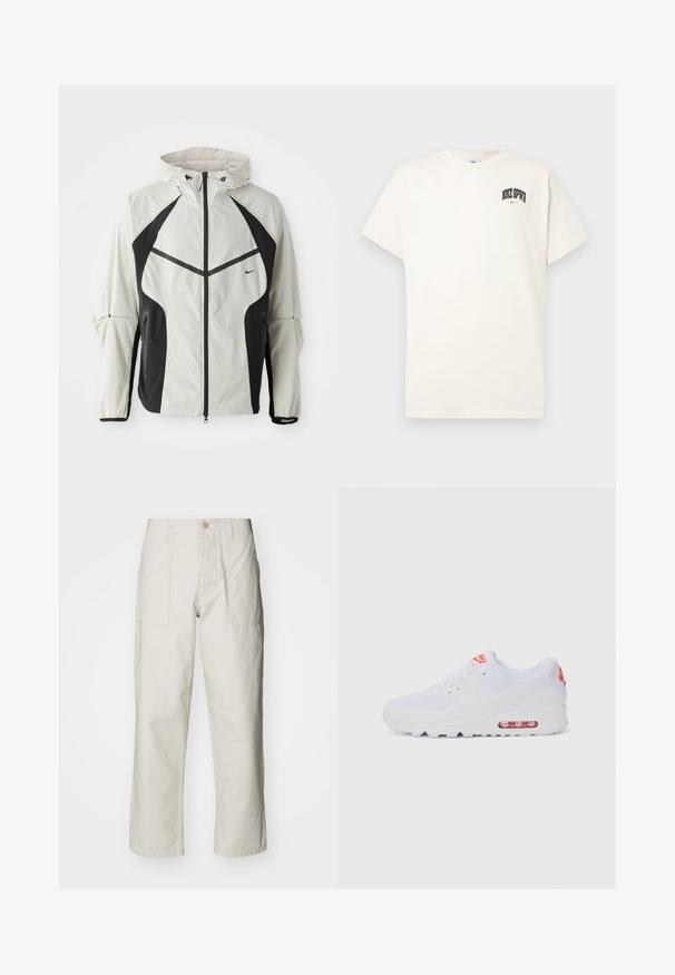 Lett jakke med hette i kremfarge med svarte sidepaneler, glidelås foran og elastiske mansjetter. Har en liten glidelåslomme og reflekterende detaljer.; Kremfarget bomull t-skjorte med korte ermer, med "NIKE SB" i svart og rødt trykk på brystet. Standard rund halslinning.; Lyse beige vide bukser laget av bomull. Har frontlommer og knappelukking. Jevn tekstur med subtile vertikale linjer.; Hvite atletiske joggesko med glatt overdel, snøring, polstret såle og synlig luftenhet med røde detaljer på merket.