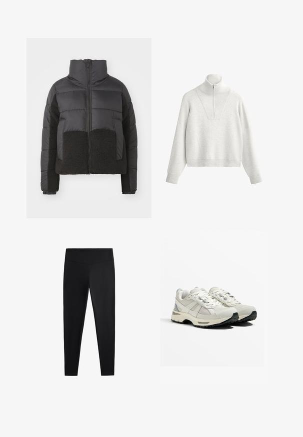 Čierna prešívaná bunda s vysokým golierom, ktorá má kontrastnú čiernu fleece časť na prednej strane a po stranách, a zapínanie na zips.; Svetlošedý sweatshirt s vysokým golierom, ktorý má polozips a rebrovanú textúru. Štvorcový strih s klesajúcimi ramenami a štruktúrovaným dizajnom.; Čierne legíny vyrobené z hladkej, elastickej tkaniny. Majú široký pás a zoštíhlený strih nohavíc, vhodné na aktívne alebo príležitostné nosenie.; Ľahké bežecké topánky v béžovej a sivej farbe. Mriežkovaný zvršok, gumová podrážka, šnúrky s vystuženými očkami a textúrovaný akcent na päte.