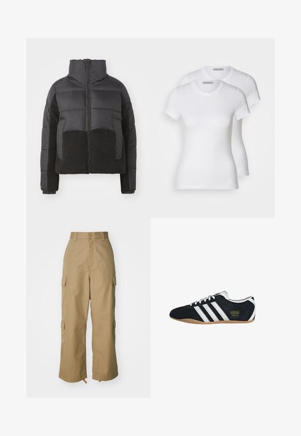 Black puffer jacket with a high collar, featuring a contrasting black fleece panel on the front and sides, and a zip closure.; Two white cotton t-shirts with short sleeves, round necklines, and a fitted silhouette, displaying a smooth texture and minimalistic design.; Beige cargo pants with a high waist, wide legs, and four large side pockets. Made of durable fabric with a smooth texture and minimal detail.; Black suede sneaker with white three stripes, gold logo, and a brown rubber sole. Features a low-profile lace-up design.