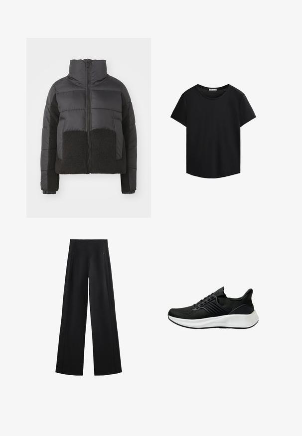 Schwarze Steppjacke mit hohem Kragen, ausgestattet mit einem kontrastierenden schwarzen Fleece-Einsatz auf der Vorder- und den Seiten sowie einem Reißverschluss.; Schwarzes T-Shirt mit kurzen Ärmel und Rundhalsausschnitt, mit durchbrochener Mesh-Besatzung an den Schultern. Glatte Stoffqualität, lockere Passform, abgerundeter Saum.; Schwarze, weit geschnittene Hose aus einem weichen Stoff, mit einem hohen Bund und zwei mit Reißverschluss versehenen Taschen, sowie dezenten Nähten entlang der Seiten.; Schwarzer Sportschuh mit Obermaterial aus strukturiertem Stoff, Schnürsystem und weißer Zwischensohle. Besitzt ein niedriges Profil und ein gekrümmtes Sohlen-Design.