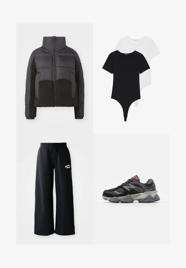 Svart pufferjakke med høy krage, med en kontrasterende svart fleecepanel foran og på sidene, samt glidelås-lukking.; Svarte og hvite kortermede bodysuits med runde krager og thong-bunner, laget av glatt, elastisk stoff.; Svarte vide joggebukser med snor i livet. Har brodert tekst på venstre side, laget av mykt bomullsblandingsmateriale.; Svarte og grå joggesko med en blanding av semsket skinn og mesh-materialer, tykk såle, fremtredende logo, og rød detalj på tungen.