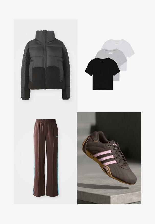 Giacca a vento nera con colletto alto, dotata di un pannello in pile nero a contrasto sulla parte anteriore e sui lati, e chiusura con zip.; Set di tre t-shirt a maniche corte in nero, grigio e bianco. Realizzate in cotone, presentano un collo a giro e un design semplice in un colore solido.; Pantaloni sportivi marroni con texture a coste, vita elastica e strisce laterali turchesi. Presentano il logo adidas sul davanti.; Scarpa atletica in suede marrone con strisce e logo rosa, dotata di una tomaia testurizzata, chiusura con lacci e suola in gomma color miele.
