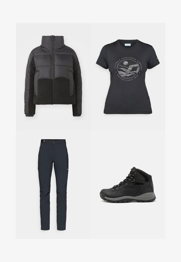 Čierna prešívaná bunda s vysokým golierom, ktorá má kontrastnú čiernu fleece časť na prednej strane a po stranách, a zapínanie na zips.; Čierne tričko Columbia s bielou kruhovou grafikou hory a rieky a textom "Columbia Sportswear Company vonku od roku 1938."; Pánske outdoorové nohavice, tmavo šedé, vyrobené z flexibilného materiálu, s opaskom, so zipsovými vreckami a vystuženým šitím.; Čierna turistická obuv s polovičným strihom, s textúrovaným zvrškom, šedými akcentmi a odolnou gumovou podrážkou s protišmykovými hrebienkami.