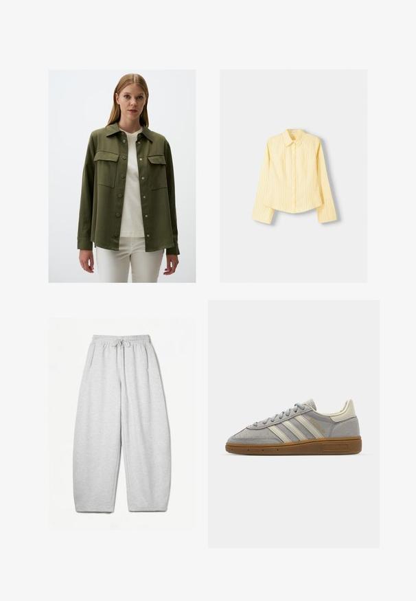 Olive green, long-sleeve shirt with button closure, two chest pockets, and a collar. The fabric appears smooth with a matte finish.; Yellow striped shirt with long sleeves, pointed collar, and front button closure. Features vertical blue stripes and a tailored fit.; Light grey sweatpants with a relaxed fit, elastic waistband, drawstring, and side pockets; made from soft, textured fabric.; Gray suede sneakers with light gray leather stripes and a gum rubber sole. Features include lace closure and subtle branding on the tongue.