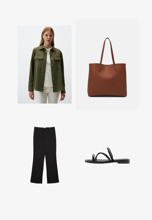 Camicia verde oliva a maniche lunghe con chiusura a pulsante, due taschini sul petto e colletto. Il tessuto appare liscio con una finitura opaca.; T-shirt nera a maniche corte realizzata in tessuto morbido, con scollatura rotonda e vestibilità comoda, caratterizzata da una texture liscia e senza pattern.; Pantaloni neri a gamba dritta, con tasche frontali e spacchi laterali all'orlo. Realizzati in tessuto morbido e liscio. Adatti a diverse occasioni.; Infradito neri con una finitura lucida, tre sottili cinturini e un dettaglio hardware circolare sulla punta. Design elegante con un tacco minimale.; Borsa tote in pelle marrone con texture liscia, design con apertura superiore e due spallacci. Presenta cuciture minime e nessun hardware visibile.