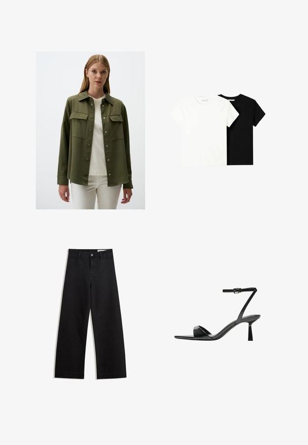Oliwkowa, długozasłonowa koszula z zapięciem na guziki, dwoma kieszeniami na piersiach i kołnierzykiem. Tkanina wydaje się gładka o matowym wykończeniu.; Dwa t-shirty z krótkim rękawem, jeden biały i jeden czarny, wykonane z bawełny. Oba mają okrągły dekolt i prosty, klasyczny design.; Czarne dżinsowe spodnie o szerokich nogawkach i wysokim stanie, z przednimi i tylnymi kieszeniami, przeszyciami oraz zapięciem na guziki. Gładka struktura.; Bershka - Sandały na obcasie