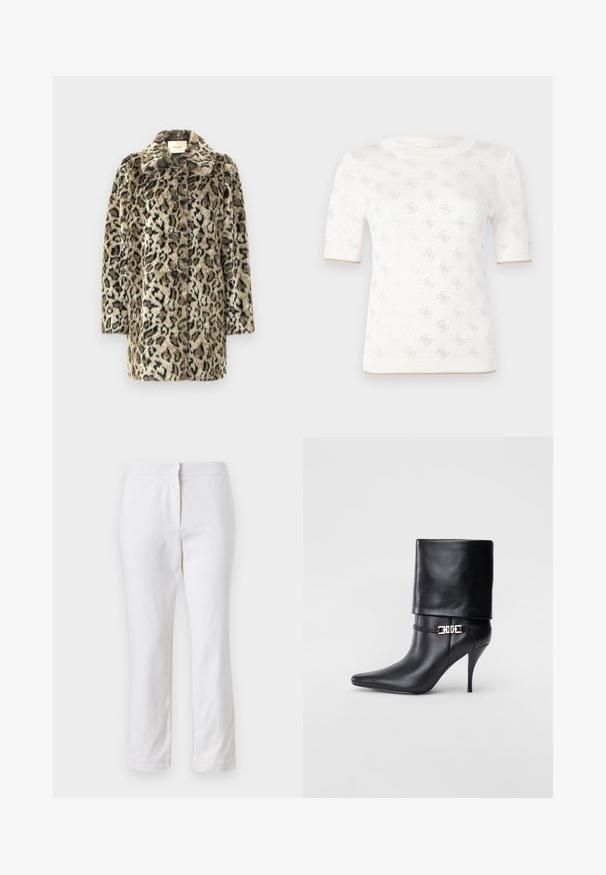 Płaszcz z imitacji futra w cętki lamparta, z kołnierzem z wycięciem na prostą i zapinany na siedem guzików, z rękawami o długości do łokci, w odcieniach brązu i czerni.; Skrócony, białe, dzianinowe top z krótkimi rękawami o subtelnym wzorze, z okrągłym dekoltem i złotym akcentem na dolnym brzegu. Tekstura wydaje się lekka i przewiewna.; Białe bawełniane spodnie o prostym kroju nogawki, z średnim stanem, bez widocznych elementów metalowych czy wzorów. Gładka tekstura na całej powierzchni.; Czarne skórzane botki za kostkę z ostrym noskiem, wysokim obcasem w kształcie stiletto, z załamanym mankietem oraz złotym dekoracyjnym zapięciem na kostce.