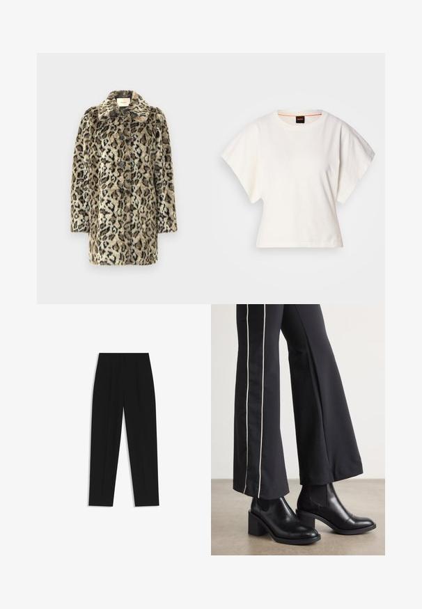 Faux fur leopard print coat featuring a notch collar, seven-button closure, and three-quarter sleeves in a tan and black color scheme.; White cropped T-shirt, short wide sleeves, soft cotton material, round neckline with subtle orange trim, minimal design, no patterns or graphics.; Black trousers with a straight fit, featuring double pleats, a smooth texture, and a classic waistband design. No visible hardware or accents.; Black leather ankle boots with a block heel, featuring elastic side panels. Paired with black pants that have a white side stripe.