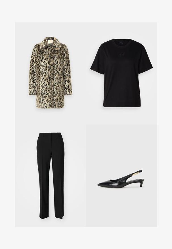 Faux fur leopard print coat featuring a notch collar, seven-button closure, and three-quarter sleeves in a tan and black color scheme.; Black cotton t-shirt with a crew neckline, short sleeves, and an embroidered logo on the chest. Simple, relaxed fit with no patterns.; Black tailored trousers with a straight-leg design, featuring a smooth texture and crisp creases along the front. No visible hardware.; Black leather slingback heels with a pointed toe, featuring a slim heel and a gold-tone accent on the adjustable strap. Smooth texture.