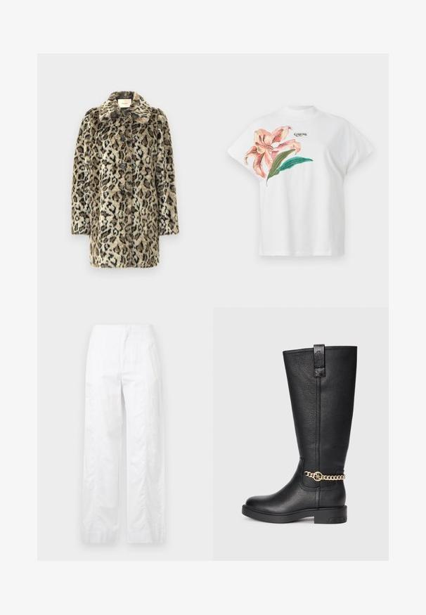 Faux fur leopard print coat featuring a notch collar, seven-button closure, and three-quarter sleeves in a tan and black color scheme.; White cotton T-shirt with short sleeves, featuring a pink floral design and green leaves on the left side. "Guess" logo in gray above the design.; White wide-leg trousers made of lightweight fabric, featuring a smooth texture, clean lines, and a high waist design.; Black leather knee-high boot with a textured finish, featuring a decorative gold chain accent and a flat rubber sole.