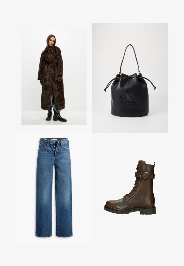 Cappotto lungo in pelliccia morbidamente marrone con stampa leopardata, vita a cintura, maniche larghe e colletto alto. Abbinato a stivaletti neri e jeans blu.; Maglione marrone a maniche lunghe con scollatura rotonda, che presenta un tessuto testurizzato che enfatizza le linee verticali. Design semplice e attillato.; Jeans in denim blu con un design a gamba larga, cinque tasche, chiusura con bottoni e cuciture a contrasto. Tessuto testurizzato con una finitura sbiadita.; Stivaletto in pelle marrone con lacci, fibbia laterale, punta rotonda, suola robusta e dettagli di cucitura per un tocco in più.; Borsa a secchiello in pelle nera con chiusura a cordoncino, caratterizzata da un logo "CK" lucido sulla parte anteriore e dettagli in hardware dorato.