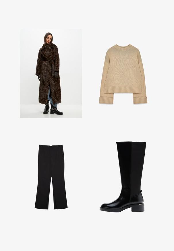Leopardprint lang frakke i blød, brun pels med bælte i taljen, brede ærmer og høj krave. Sammen med sorte ankelstøvler og blå jeans.; Beige strikket sweater med ribbet rund halsudskæring, manschetter og kant, der har lange ærmer og en let oversized pasform.; Sorte bukser med lige pasform, der har frontlommer og slidser i kanten. Lavet af blødt, glat stof. Velegnet til forskellige anledninger.; Sort knæhøj støvle med glat læderfinish, tydelig syning, en klodset hæl og en struktureret bagpanel for ekstra interesse.